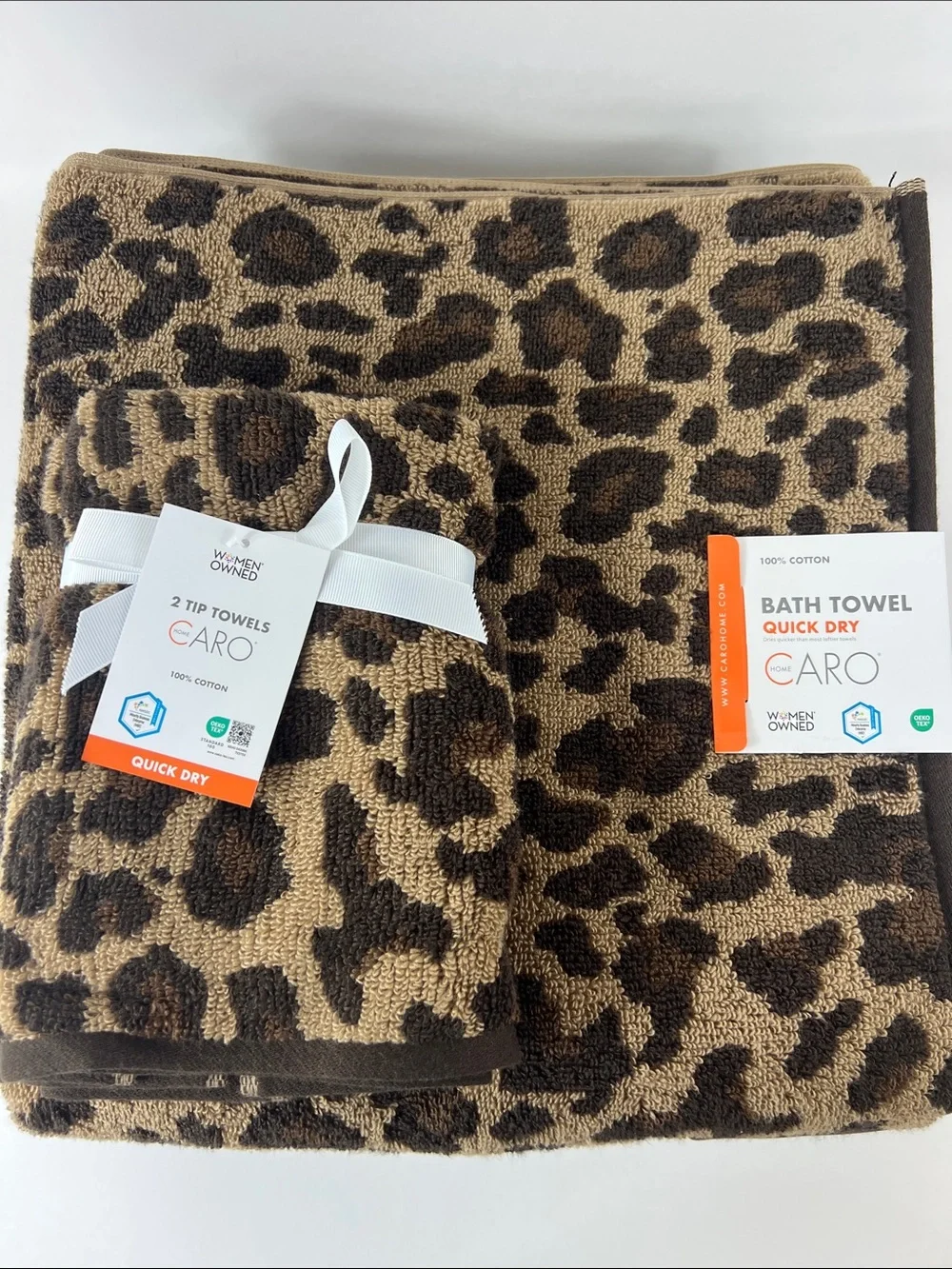 Caro Home Bath Towels Brown Tan Leopard Print Quick Dry Cotton 4 Pc Set NEW